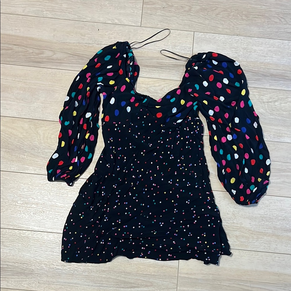 RIXO Black Polka Dot Dress Size 10 Colorful Long Sleeve Retro Style